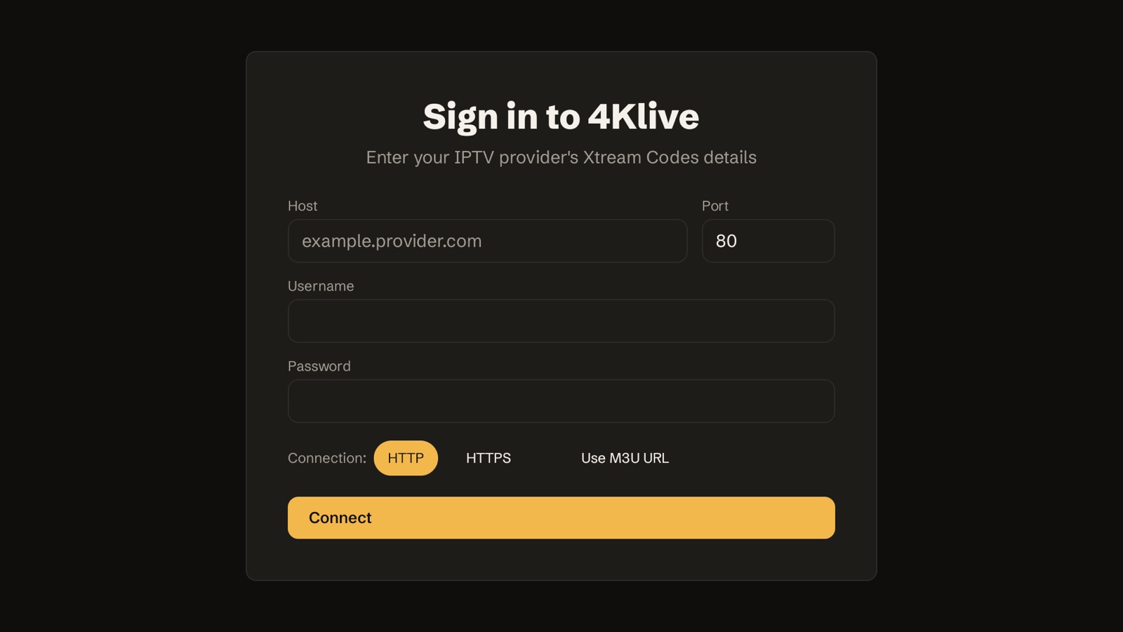 4Klive manual entry screen with Host, Port, Username and Password fields