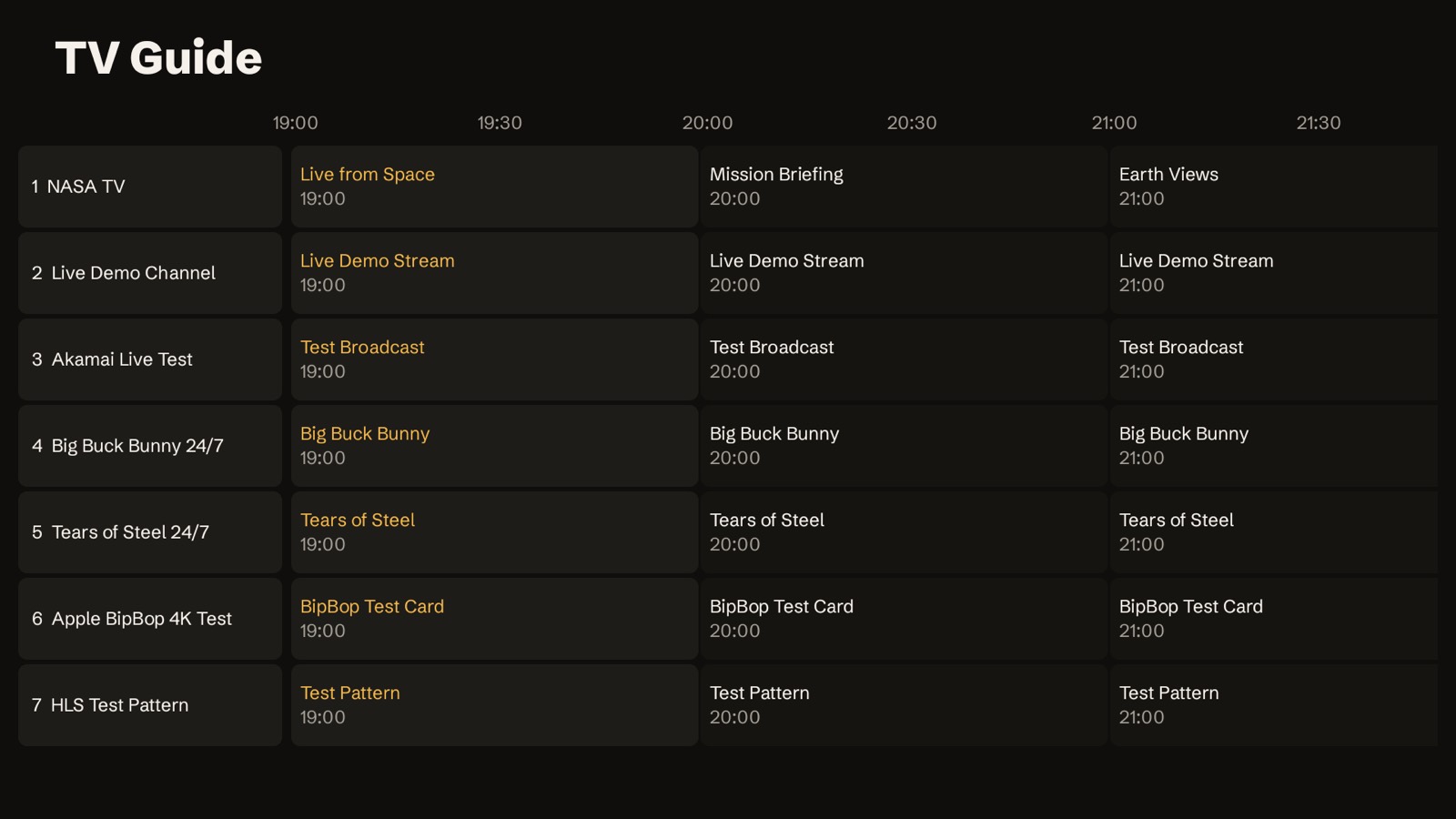 4Klive TV guide on Android TV, with seven channels across the evening
